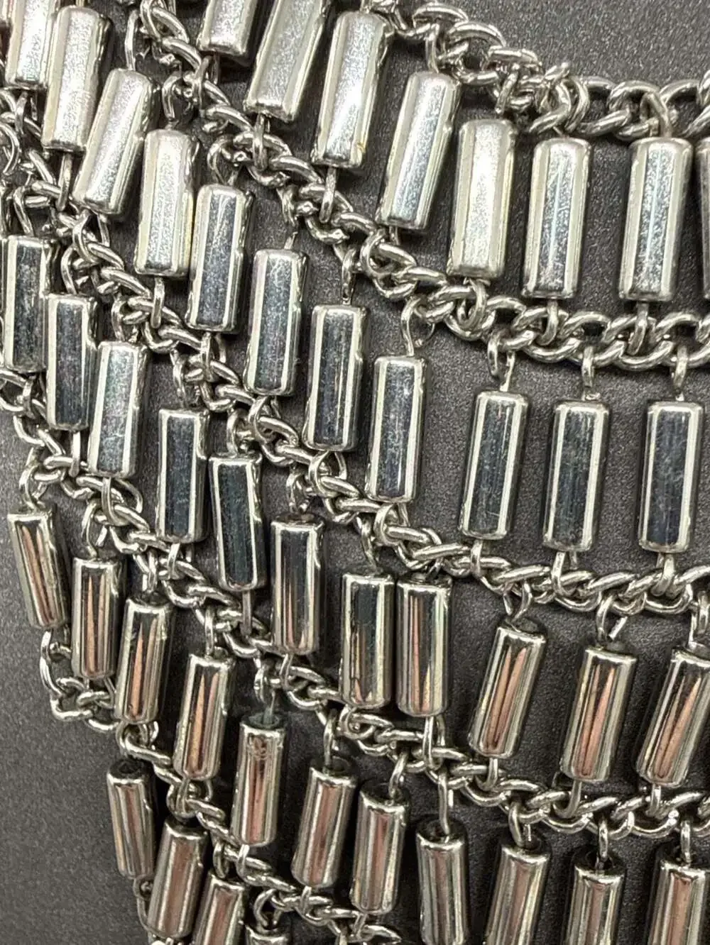 Silver Tone Multi-strand Tube Bar Statement Bib Necklace Layered Y2K Goth